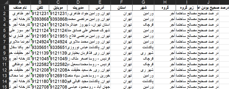 نمونه اطلاعات آجر فروشان تهران