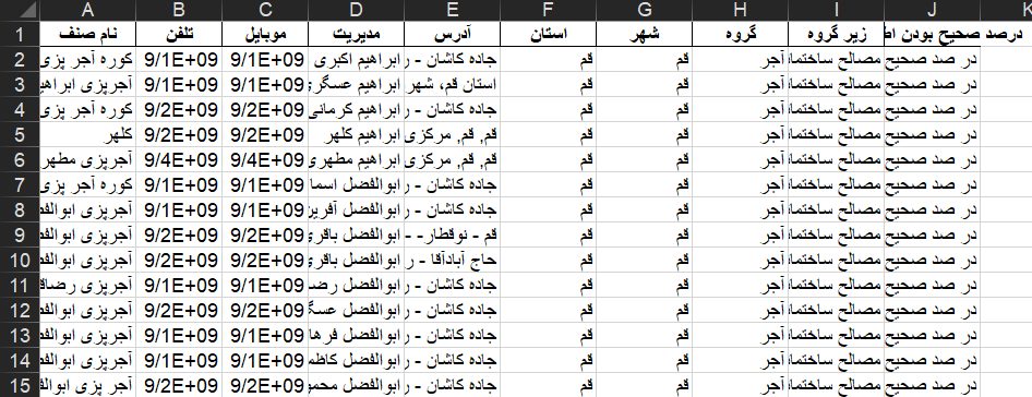 نمونه اطلاعات آجر فروشان کشوری